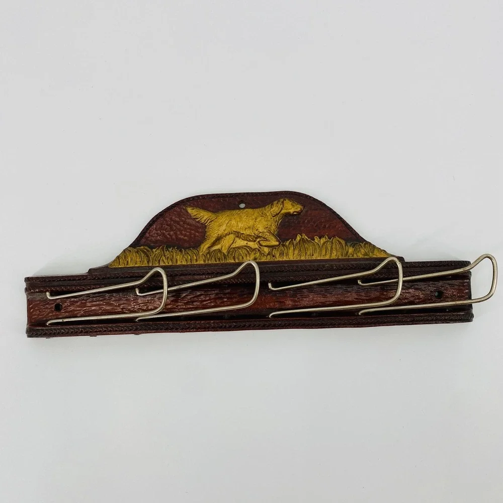 Vintage Belt Rack Wall Mount Brown Leather Tooled Hunting Dog Gold Accents